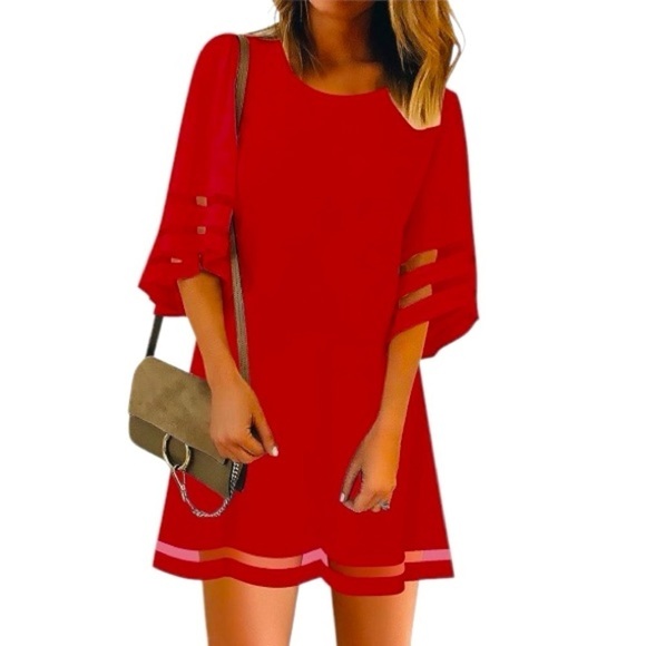 NWOT Women Casual Crewneck Mesh Panel 3/4 Bell Sleeve Loose Tunic Dress - Picture 3 of 6